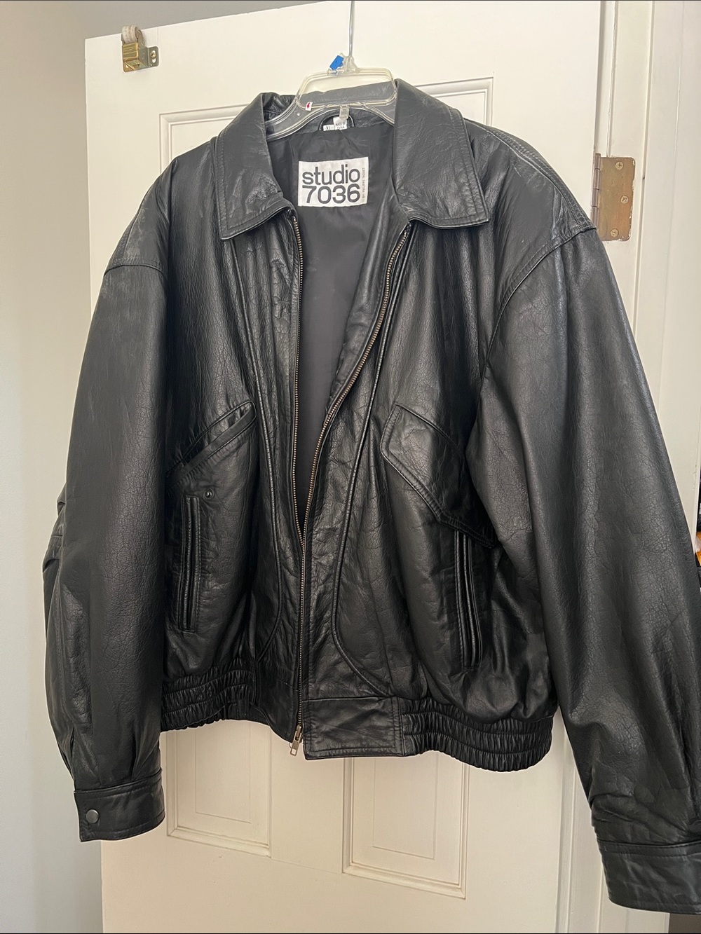 Studio Black Leather Bomber Jacket with Front Pockets